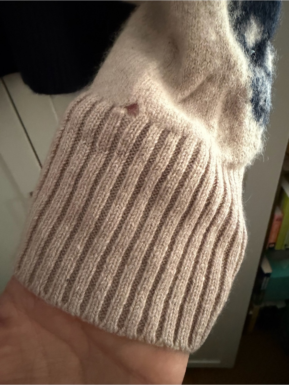 Skull Cashmere Colorblock Crewneck Crop Sweater in Pink, Navy & Light Gray - Picture 5 of 7